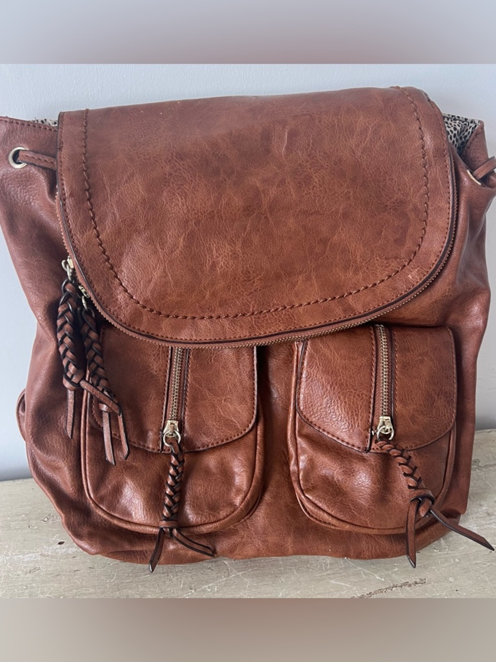Sole Society Brown Faux Leather Backpack Boho Utility Multi Pocket